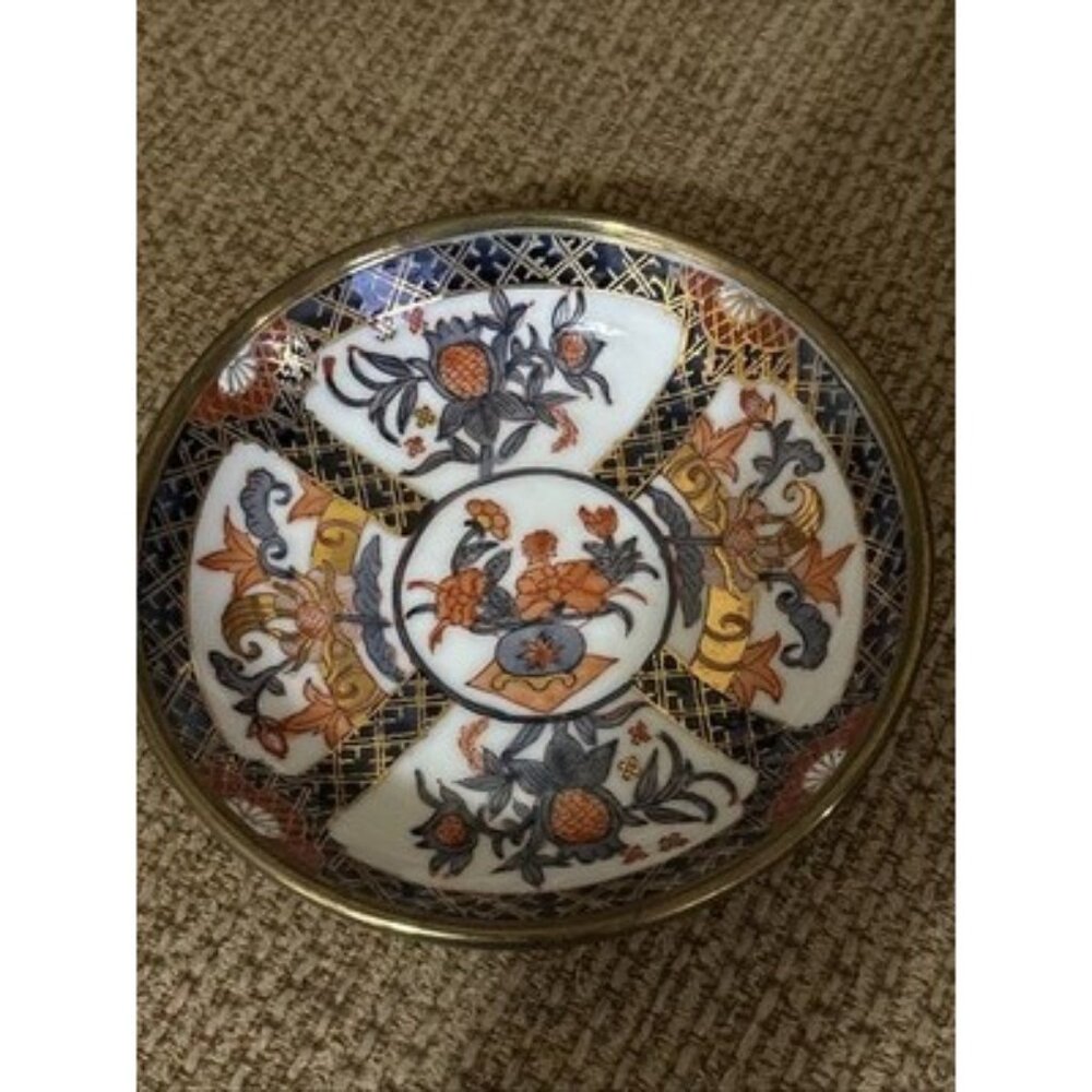 VTG Imari Japanese Porcelain Ware Decorated Hong Kong Pewter Encased Bowl 7 1/2”
